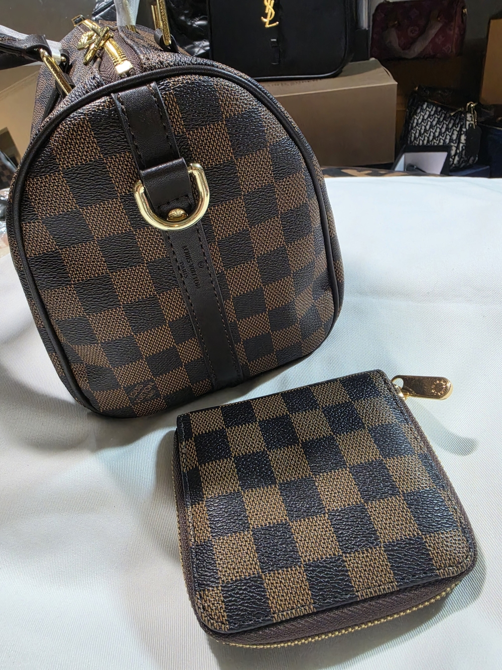 Elegant Brown Checker Satchel with Matching Coin Wallet - Picture 3 of 5